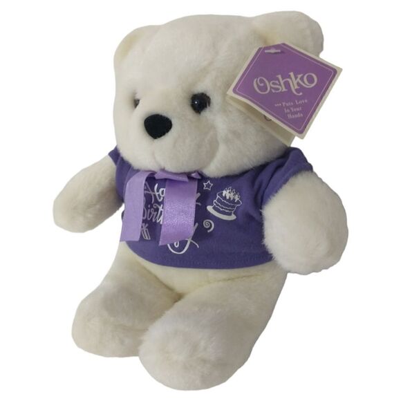 Happy Birthday Teddy Bear Plush Oshko Purple White Polar Stuffed Animal Soft Tag - Picture 7 of 16